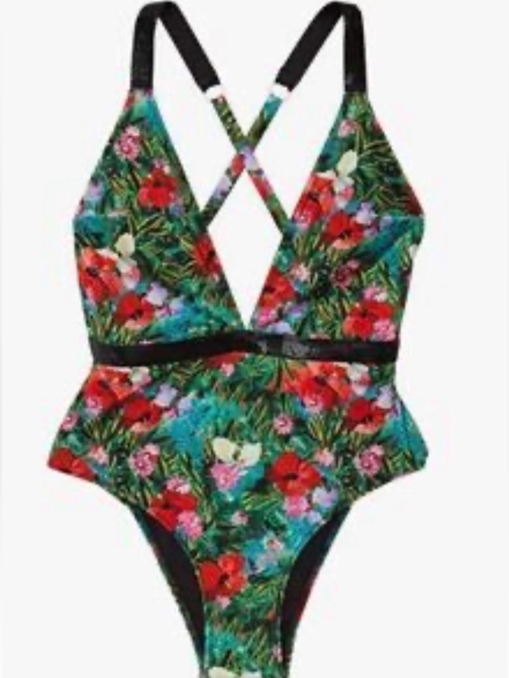 Victoria’s Secret NWT One Piece Swimsuit XL Tropical Floral Deep V Tie Back